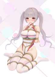 Rule 34 | 1girl, absurdres, arms behind back, bad id, bad pixiv id, bare shoulders, bdsm, blunt bangs, blush, bondage, bound, bound arms, bound legs, box tie, breast bondage, breasts, closed mouth, commentary request, competition swimsuit, covered navel, crotch rope, frogtie, grey hair, groin, highleg, highleg swimsuit, highres, large breasts, long hair, looking at viewer, mouth hold, one-piece swimsuit, original, pink eyes, red eyes, rope, school swimsuit, shibari, shibari over clothes, sidelocks, sitting, skindentation, smile, solo, swimsuit, thighhighs, twintails, wariza, white one-piece swimsuit, white school swimsuit, white thighhighs, yuuraku yuraku