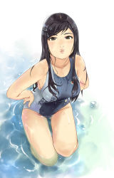 Rule 34 | 1girl, bad id, bad pixiv id, black eyes, black hair, carina (xiaowoo), hair ornament, hairclip, hands on own hips, highres, lips, long hair, one-piece swimsuit, original, solo, swimsuit, thigh gap, thighs, water, wet