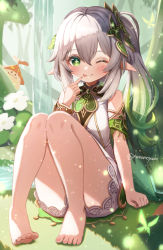 Rule 34 | 1girl, :p, aranara (genshin impact), bare legs, bare shoulders, barefoot, blush, closed mouth, colored tips, cross-shaped pupils, crystalfly (genshin impact), detached sleeves, dress, feet, full body, genshin impact, gradient hair, green eyes, hair between eyes, hair ornament, hand up, highres, index finger raised, knees together feet apart, knees up, leaf hair ornament, long hair, looking at viewer, multicolored hair, nahida (genshin impact), nanamo yado, outdoors, short shorts, short sleeves, shorts, side ponytail, sidelocks, sitting, sleeveless, sleeveless dress, solo, symbol-shaped pupils, toes, tongue, tongue out, twitter username, two-tone hair, water, waterfall, white hair
