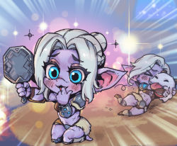Rule 34 | &gt; &lt;, 1girl, blush, braid, fangs, finger to mouth, grey hair, hair bun, hands up, happy, holding, league of legends, multicolored background, multiple views, navel, parted bangs, phantom ix row, pointy ears, poro (league of legends), scar, sejuani, short hair, single hair bun, sitting, stomach, teeth, yordle