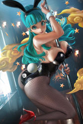 Rule 34 | 1girl, absurdres, animal ears, artist name, ass, between breasts, black leotard, blue eyes, blue hair, blue nails, blunt bangs, breasts, bulma, cleavage, curvy, dancing, dragon ball, earrings, fake animal ears, female focus, fishnets, high heels, highleg, highleg leotard, highres, huge ass, huge filesize, jewelry, large breasts, leotard, lipstick, long hair, looking at viewer, looking back, makeup, matching hair/eyes, nail polish, pantyhose, patreon username, playboy bunny, pole, pole dancing, rabbit ears, rabbit tail, red footwear, sakimichan, shiny clothes, shiny skin, signature, skindentation, smile, solo, standing, standing on one leg, stripper pole, tail, watermark, web address, wrist cuffs