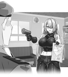 Rule 34 | 1boy, 1girl, ak-15 (girls&#039; frontline), at gunpoint, bald, bare shoulders, beret, black gloves, black pants, black shirt, blurry, blurry background, braid, breasts, commander (girls&#039; frontline), commentary, commission, couch, covered collarbone, cowboy shot, crop top, girls&#039; frontline, gloves, grey hair, griffin &amp; kryuger military uniform, gun, hair between eyes, hair over one eye, handgun, hat, holding, holding gun, holding paper, holding weapon, indoors, large breasts, lazy ant, long hair, marriage certificate (object), midriff, military, military uniform, monochrome, muscular, muscular female, navel, open mouth, pants, paper, pixiv commission, shirt, sidelocks, sleeveless, sleeveless shirt, standing, tactical clothes, threat, uniform, weapon, window