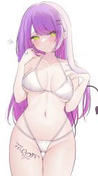 Rule 34 | 1girl, bikini, blush, breasts, commentary request, cowboy shot, demon girl, demon tail, ear piercing, earrings, gluteal fold, green eyes, hair ornament, hairclip, highres, hololive, jewelry, leg tattoo, long hair, looking at viewer, medium breasts, navel, navel piercing, nyakano o, piercing, pointy ears, purple hair, simple background, solo, squiggle, swimsuit, tail, tattoo, thigh gap, tokoyami towa, virtual youtuber, white background, white bikini