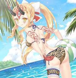 Rule 34 | 1girl, adjusting clothes, adjusting swimsuit, ass, ball, beach, beachball, bikini, blonde hair, closed mouth, cloud, cloudy sky, commentary request, day, earrings, facial mark, fang, fate/grand order, fate (series), hair ribbon, highres, horns, ibaraki douji (fate), jewelry, long hair, looking at viewer, looking back, oni, oni horns, outdoors, pointy ears, ponytail, ribbon, sky, smile, solo, swimsuit, tattoo, thigh strap, tsukizaki shizuka, water, yellow eyes