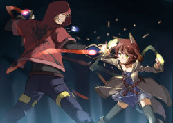 Rule 34 | 1boy, 1girl, amane rosylily, animal ears, belt, belt buckle, black shirt, black thighhighs, blue pants, blurry, blurry background, blush, boots, breasts, brown belt, brown coat, brown footwear, brown hair, buckle, cleavage, clenched hands, clenched teeth, closed mouth, coat, collarbone, commentary request, depth of field, dress, fantasy, fighting, fox ears, highres, hood, hood down, hood up, hooded coat, hooded jacket, jacket, jewelry, knee boots, layered sleeves, long sleeves, magic, night, open clothes, open coat, original, outdoors, pants, pendant, punching, red jacket, sekira ame, shirt, short hair, short over long sleeves, short sleeves, small breasts, strapless, strapless dress, sweat, teeth, thighhighs, tree, v-shaped eyebrows, white dress, yellow eyes