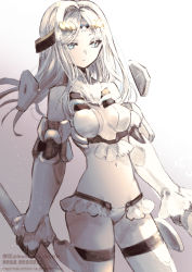Rule 34 | 1girl, absurdres, bare shoulders, bikini, blue eyes, breasts, cleavage, elbow gloves, fate/grand order, fate (series), galatea (fate), gloves, halterneck, highres, joints, long hair, looking at viewer, medium breasts, navel, pale skin, parted bangs, polearm, robot joints, solo, sugomori tsuru (hana tsuru wo), swimsuit, thighhighs, thighs, tiara, weapon, white bikini, white gloves, white hair, white thighhighs