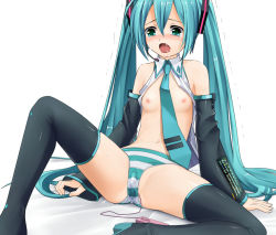 Rule 34 | 1girl, aqua eyes, aqua hair, arm support, bad id, bad pixiv id, black thighhighs, blush, boots, breasts, detached sleeves, egg vibrator, eto, flat chest, green panties, hatsune miku, headset, leaning back, long hair, necktie, nipples, no pants, open clothes, open shirt, panties, sex toy, shirt, simple background, sitting, small nipples, solo, spread legs, striped clothes, striped panties, sweat, tears, thigh boots, thighhighs, twintails, underwear, very long hair, vibrator, vibrator under clothes, vibrator under panties, vocaloid, wide spread legs