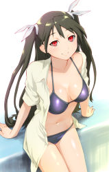 Rule 34 | 1girl, arm support, bikini, bow, breasts, cleavage, dress shirt, hair bow, jacket, jacket over swimsuit, large breasts, mayo chiki!, navel, open clothes, open shirt, red eyes, shiny skin, shirt, silver hair, smile, solo, suzutsuki kanade, swimsuit, twintails, two side up, ueyama michirou