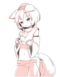 Rule 34 | 1girl, animal ears, bright pupils, clothes lift, detached sleeves, done (donezumi), ears down, half-closed eyes, hat, hip vent, inubashiri momiji, monochrome, muted color, navel, no panties, shirt lift, simple background, sketch, skirt, sweat, tail, tokin hat, touhou, wavy mouth, white background, wolf ears, wolf tail