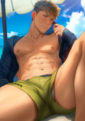 Rule 34 | 1boy, abs, bara, beach, black shirt, blonde hair, closed mouth, cloud, earrings, highres, hood, hood down, hooded shirt, jewelry, large pectorals, looking at viewer, luca (mondi hl), male focus, male underwear, male underwear peek, mondi hl, muscular, muscular male, navel, nipples, open clothes, open shirt, original, outdoors, pectorals, shirt, short hair, shorts, sky, solo, twitter username, underwear, yellow shorts