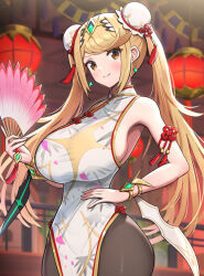 Rule 34 | 1girl, armlet, black pantyhose, blonde hair, bracelet, breasts, commentary request, double bun, earrings, gonzarez, hair bun, hand fan, highres, huge breasts, jewelry, lantern, long hair, looking at viewer, mythra (xenoblade), pantyhose, paper lantern, sideboob, smile, solo, twintails, xenoblade chronicles (series), xenoblade chronicles 2, yellow eyes