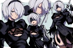 Rule 34 | 1girl, 2b (nier:automata), :o, absurdres, black blindfold, black dress, black hairband, blindfold, blue background, border, breasts, cleavage, cleavage cutout, clothing cutout, covered eyes, cowboy shot, dress, feather-trimmed sleeves, gloves, hair over one eye, hairband, highres, holding, holding sword, holding weapon, jesse schickler, juliet sleeves, leotard, long sleeves, medium breasts, mole, mole under mouth, multiple views, nier:automata, nier (series), pod (nier:automata), puffy sleeves, short hair, simple background, sword, thighhighs, weapon, weapon on back, white background, white border, white hair