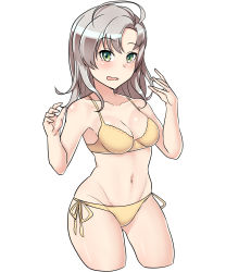 Rule 34 | 10s, 1girl, absurdres, ahoge, blush, bra, breasts, collarbone, cowboy shot, cropped legs, green eyes, grey hair, groin, highres, kantai collection, kinugasa (kancolle), kiritto, looking at viewer, navel, open mouth, panties, parted bangs, ribbon-trimmed bra, side-tie panties, simple background, small breasts, solo, stomach, underwear, white background, yellow bra, yellow panties