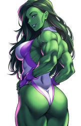 Rule 34 | 1girl, animification, ass, back, backless leotard, bare shoulders, biceps, breasts, colored skin, fingerless gloves, gloves, green hair, green skin, grin, hands on own hips, highleg, highleg leotard, highres, large breasts, leotard, long hair, looking at viewer, looking back, marvel, muscular, muscular female, parted bangs, purple gloves, purple leotard, she-hulk, shouji nigou, simple background, smile, solo, thick thighs, thighs, two-tone leotard, white background, white leotard