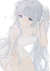 Rule 34 | 1girl, absurdres, arm tattoo, blue eyes, blunt bangs, daichengqi, dress, grey hair, hair ribbon, hand in own hair, hand up, highres, leaning forward, long hair, looking at viewer, original, parted lips, ribbon, short dress, sleeveless, sleeveless dress, solo, tattoo, thighs, twintails, very long hair