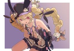 Rule 34 | 1girl, american dog wo, assault rifle, bare shoulders, black gloves, black hat, black skirt, blonde hair, braid, buttons, closed mouth, collarbone, collared shirt, fingerless gloves, fingernails, girls&#039; frontline, gloves, gun, hair between eyes, hair ornament, hat, highres, holding, holding gun, holding weapon, long hair, looking at viewer, miniskirt, name connection, navel, necktie, object namesake, open clothes, open shirt, open vest, pink eyes, pleated skirt, purple necktie, purple vest, rifle, shirt, short necktie, skirt, sleeveless, sleeveless shirt, smile, solo, sr-3mp, sr-3mp (girls&#039; frontline), tongue, tongue out, twin braids, unbuttoned, unbuttoned shirt, very long hair, vest, weapon, white shirt