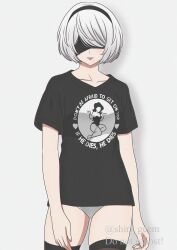 Rule 34 | 1girl, absurdres, black blindfold, black hairband, black shirt, black thighhighs, blindfold, collarbone, commentary, cowboy shot, english commentary, english text, grey hair, hairband, highres, nier:automata, nier (series), no pants, panties, shirl geem, shirt, solo, t-shirt, thighhighs, twitter username, underwear, watermark, white panties, 2b (nier:automata)