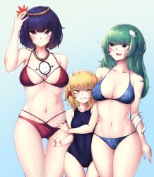 Rule 34 | 3girls, :d, absurdres, ammonite (488091), bikini, blonde hair, blue bikini, blue one-piece swimsuit, blush, breast envy, breasts, cleavage, clenched teeth, closed mouth, collarbone, commentary, cowboy shot, frog hair ornament, gradient background, green eyes, green hair, hair ornament, hair ribbon, height difference, highres, kochiya sanae, large breasts, leaf hair ornament, long hair, looking at another, looking at breasts, medium hair, mirror, moriya suwako, multiple girls, navel, one-piece swimsuit, open mouth, purple eyes, purple hair, red bikini, red ribbon, ribbon, rope, small breasts, smile, snake, stomach, swimsuit, symbol-only commentary, teeth, thighs, touhou, v-shaped eyebrows, yasaka kanako, yellow eyes
