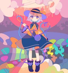 Rule 34 | 1girl, :/, absurdres, bad id, bad twitter id, black footwear, black hat, blouse, blush stickers, boots, bow, closed mouth, daizu (melon-lemon), expressionless, eyebrows hidden by hair, frilled sleeves, frills, full body, green skirt, hair bow, hat, heart, heart of string, highres, holding, komeiji koishi, long sleeves, orange eyes, purple eyes, shirt, short hair, skirt, solo, standing, third eye, touhou, two-tone eyes, white hair, wide sleeves, yellow bow, yellow shirt