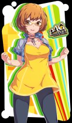 Rule 34 | 1girl, :d, alternate costume, breasts, brown eyes, brown hair, cleavage, copyright name, cropped jacket, dev (dev0614), dress, glasses, highres, jacket, medium breasts, megami tensei, open clothes, open jacket, open mouth, pantyhose, persona, persona 4, persona 4 the golden, ribbon, satonaka chie, shin megami tensei, short hair, smile, solo, spandex, yellow-framed eyewear, yellow theme