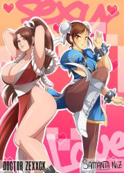 Rule 34 | 2girls, arms up, artist name, back-to-back, blush, boots, breasts, brown eyes, brown hair, brown legwear, bun cover, capcom, capcom vs snk, china dress, chinese clothes, chun-li, cleavage, collaboration, cross-laced footwear, crossover, doctor zexxck, double bun, dress, fatal fury, gold trim, hair bun, heart, highres, huge breasts, knee boots, lace-up boots, large breasts, leg lift, leg up, long hair, multiple girls, ninja, no panties, pantyhose, pelvic curtain, pixel heart, ponytail, puffy sleeves, rope, samanta niz, sash, shimenawa, shiranui mai, short hair, signature, socks, spiked hair, standing, standing on one leg, street fighter, text background, very long hair