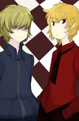 Rule 34 | 2boys, artist request, blonde hair, faceless (looking glass), hair over eyes, highres, multiple boys, necktie, red eyes, red shirt, school uniform, shirt, smirk, standing, the looking glass, vincent (looking glass), zipper