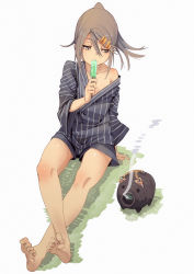 Rule 34 | 1girl, bare legs, barefoot, blush, brown eyes, brown hair, commentary request, eating, feet, food, fu-ta, hair ornament, hairclip, highres, incense, japanese clothes, kayari buta, kimono, long hair, long sleeves, mosquito coil, mouth hold, off shoulder, open mouth, original, ponytail, popsicle, shorts, simple background, sitting, soles, solo, spread toes, sweat, toes, usami taiga, white background, wide sleeves, yukata