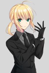 Rule 34 | 1girl, adjusting clothes, adjusting gloves, ahoge, artoria pendragon (all), artoria pendragon (fate), black gloves, black jacket, black necktie, blonde hair, closed mouth, collared shirt, fate/zero, fate (series), floating hair, formal, frown, gloves, green eyes, grey background, grey shirt, jacket, long sleeves, looking at viewer, medium hair, necktie, ponytail, saber (fate), shino skk, shirt, simple background, solo, standing, suit, upper body, v-shaped eyebrows, wing collar