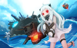 Rule 34 | 10s, 3girls, abyssal ship, afloat, ahoge, aircraft, airplane, bird, cloud, cloudy sky, damaged, detached sleeves, dress, elrowa, floating, glowing, highres, holding, horns, kantai collection, long hair, looking at viewer, machinery, mittens, multiple girls, northern ocean princess, nu-class light aircraft carrier, ocean, pale skin, propeller, seagull, seaport princess, single horn, sky, turret, walking, walking on liquid, water, white dress, white hair, wo-class aircraft carrier