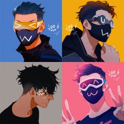 &gt; &lt;, 1boy, :3, alternate costume, apex legends, black hair, double v, glasses, goggles, hair slicked back, iwamoto zerogo, looking ahead, looking at viewer, looking down, male focus, mask, mouth mask, multiple views, octane (apex legends), shaded face, undercut, uwu, v