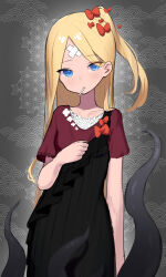 Rule 34 | 1girl, abigail williams (fate), alternate costume, bandaid, bandaid on face, bandaid on forehead, black dress, blonde hair, blue eyes, bow, candy, crossed bandaids, dress, fate/grand order, fate (series), food, food in mouth, hair bow, highres, lazu0721, lollipop, long hair, looking at viewer, multiple hair bows, one side up, parted bangs, patterned background, red bow, short sleeves, sketch, solo, tentacles, two-tone dress