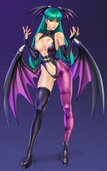 Rule 34 | 1girl, absurdres, animal print, ankle boots, asymmetrical clothes, bare shoulders, bat print, black leotard, boots, breasts, cleavage, closed mouth, collarbone, commentary, covered navel, demon girl, demon wings, fingernails, full body, gradient background, green eyes, green hair, hands up, head wings, highres, leotard, lips, long hair, looking at viewer, low wings, medium breasts, morrigan aensland, nail polish, navel, pantyhose, print pantyhose, seductive smile, shiny clothes, simple background, smile, solo, standing, stomach, strapless, strapless leotard, thigh boots, titiartwork, vampire (game), wings
