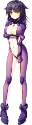 Rule 34 | 1girl, absurdres, asami asami, black hair, bodysuit, breast hold, breasts, cleavage, full body, highres, looking at viewer, purple bodysuit, re:birth colony, short hair, skin tight, smile, solo, soto kara kita shujo, standing, transparent background, yellow eyes