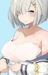 Rule 34 | 10s, 1girl, blue background, blue eyes, blush, bra, breasts, cleavage, closed mouth, collarbone, hair ornament, hair over one eye, hairclip, hamakaze (kancolle), highres, kantai collection, kei (soundcross), large breasts, lips, looking at viewer, off shoulder, open clothes, open shirt, school uniform, serafuku, shirt, short hair, silver hair, simple background, smile, solo, underwear, upper body, white bra