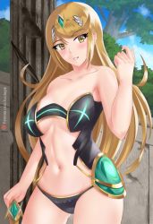 Rule 34 | 1girl, ass, back, bikini, bikini top only, blonde hair, blush, breasts, curvy, female focus, fuzzlogik, gem, hair ornament, headpiece, highres, jewelry, large breasts, long hair, looking at viewer, mythra (xenoblade), nintendo, outdoors, sky, smile, solo, swept bangs, swimsuit, tiara, tree, very long hair, wooden wall, xenoblade chronicles (series), xenoblade chronicles 2, yellow eyes