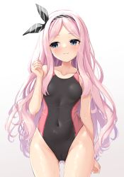 Rule 34 | 1girl, absurdres, black one-piece swimsuit, blue eyes, breasts, cafe stella to shinigami no chou, cameltoe, commentary request, competition swimsuit, covered navel, cowboy shot, facing viewer, gradient background, hairband, highres, long hair, looking to the side, ncontrail (mgax7527), one-piece swimsuit, parted bangs, pink hair, shioyama suzune, sideways glance, small breasts, standing, swimsuit, white background