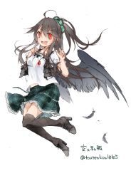 Rule 34 | 1girl, alternate costume, black hair, black thighhighs, bow, contemporary, hair bow, long hair, open mouth, red eyes, reiuji utsuho, simple background, skirt, smile, solo, thighhighs, third eye, touhou, toutenkou, white background, wings