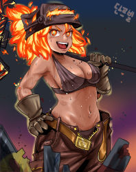 Rule 34 | 1girl, absurdres, bare shoulders, blacksmith (guardian tales), breasts, brown pants, dark skin, fiery hair, fire, gloves, grin, guardian tales, hammer, hand on own hip, highres, holding, holding hammer, looking at viewer, medium breasts, navel, open mouth, pants, short hair, smile, standing, stonescale, sweat, sweatdrop
