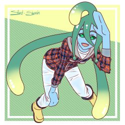 Rule 34 | 1girl, alternate costume, artist name, blue skin, boots, colored skin, commentary, english commentary, green eyes, hood, hoodie, jacket, looking at viewer, monster girl, monster musume no iru nichijou, open mouth, plaid, plaid jacket, rubber boots, shirt, silent-shanin, slime (substance), slime girl, smile, suu (monster musume), white shirt, yellow footwear
