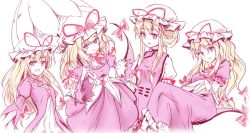 Rule 34 | 4girls, adapted costume, aged down, arm up, blonde hair, bow, breasts, choker, corset, crossed legs, curiosities of lotus asia, dress, folded fan, folding fan, frilled dress, frills, gap (touhou), gloves, hair between eyes, hair bow, hair up, hand fan, hat, hat ribbon, holding, holding umbrella, long hair, long sleeves, looking at viewer, minust, mob cap, multiple girls, multiple persona, open mouth, outstretched arm, purple eyes, purple shirt, ribbon, ribbon choker, shirt, short dress, short sleeves, sidelocks, simple background, sitting, sketch, small breasts, smile, tabard, touhou, umbrella, white background, white dress, white gloves, yakumo yukari, yakumo yukari (young)