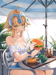 Rule 34 | 1girl, alternate costume, blonde hair, blush, breasts, burger, chair, cup, dolphin, dolphin hair ornament, drink, drinking glass, artistic error, fate/grand order, fate (series), food, french fries, green eyes, headpiece, highres, jeanne d&#039;arc (fate), jeanne d&#039;arc (ruler) (fate), jeanne d&#039;arc (swimsuit archer) (fate), light blush, medium hair, off-shoulder shirt, off shoulder, outdoors, piyo (pixiv 2308057), shirt, short sleeves, smile, table, white shirt