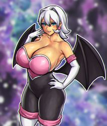 Rule 34 | 1girl, animal ears, bare shoulders, bat ears, bat girl, bat wings, blue eyes, blurry, blurry background, boots, breasts, cleavage, collarbone, covered navel, curvy, dark-skinned female, dark skin, elbow gloves, erkaz, gloves, hair between eyes, hand on own hip, heart, highres, hip vent, humanization, knee boots, large breasts, latex, leotard, looking at viewer, navel, pink background, rouge the bat, solo, sonic (series), strapless, thick thighs, thigh gap, thighs, white gloves, white hair, wings