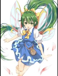 Rule 34 | 1girl, absurdly long hair, bag, bare legs, barefoot, bloomers, bow, breasts, daiyousei, dress, fairy wings, green eyes, green hair, hair ribbon, leg up, long hair, looking at viewer, matching hair/eyes, open mouth, petals, pillarboxed, ponytail, puffy short sleeves, puffy sleeves, ribbon, short sleeves, simple background, solo, touhou, underwear, very long hair, white background, wings, zhu fun