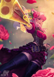 Rule 34 | 1girl, absurdres, belt, boots, breasts, claw ring, commission, dutch angle, facial mark, final fantasy, final fantasy xiv, flower, frilled skirt, frills, gun, hair flower, hair ornament, highres, holding, holding gun, holding weapon, long hair, looking at viewer, machinist (final fantasy), medium breasts, miqo&#039;te, petals, pink flower, pink hair, pink rose, red eyes, red lips, rose, skirt, solo, thatjaykart, thigh boots, warrior of light (ff14), weapon, whisker markings