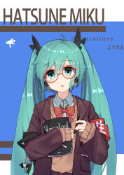 Rule 34 | 1girl, armband, artist name, black jacket, black ribbon, blue eyes, blue hair, book, brown sweater, character doll, character name, copyright name, hair between eyes, hair ribbon, hatsune miku, headphones, highres, holding, holding book, holding pen, jacket, long hair, open clothes, open jacket, open mouth, pen, red-framed eyewear, ribbon, solo, sweater, twintails, very long hair, vocaloid, zhayin-san