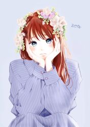 Rule 34 | 1girl, asato masumi, aza-koi, blue eyes, blue shirt, blush, closed mouth, collared shirt, copyright name, flower, hair flower, hair ornament, hair over shoulder, hands on own cheeks, hands on own face, highres, kurachi yone, blue background, long hair, long sleeves, pink flower, pinstripe pattern, pinstripe shirt, purple flower, red hair, shirt, simple background, solo, straight-on, striped, translated, upper body, white flower