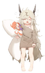 Rule 34 | 1girl, absurdres, aged down, ahoge, black horns, body pillow, character print, closed eyes, commentary, dress shirt, facing viewer, faucre the evil overlord, full body, greentree, grey hair, grey shirt, hair between eyes, heart, highres, holding, holding pillow, horns, last origin, long hair, long sleeves, magical momo, open mouth, pillow, print pillow, shirt, shirt slip, simple background, solo, very long hair, white background