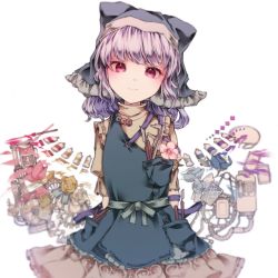 Rule 34 | 1girl, apron, blue hair, caliper, chisel, clock, cowboy shot, dress, flower, frilled apron, frilled skirt, frills, gears, haniyasushin keiki, head scarf, jewelry, joou heika (precare deum), looking at viewer, magatama, magatama necklace, necklace, paint tube, paintbrush, palette (object), pedestrian lights, puffy short sleeves, puffy sleeves, red eyes, ribbon, short sleeves, skirt, smile, solo, touhou, yellow dress