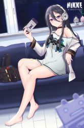 Rule 34 | 1girl, absurdres, bandaid, bandaid on knee, bandaid on leg, bare legs, bare shoulders, barefoot, black hair, choker, couch, exia (nikke), feet, goddess of victory: nikke, handheld game console, headphones, highres, logo, long hair, looking at viewer, loose clothes, loose shirt, nail polish, night, nintendo switch, no pants, plant, potted plant, purple eyes, shirt, solalise, tile floor, tiles, toes, window