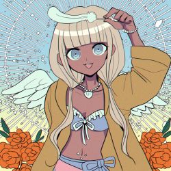 Rule 34 | 1girl, :d, arm up, bead bracelet, beads, bikini, bikini under clothes, blonde hair, blue bikini, blue eyes, blunt bangs, bracelet, breasts, cleavage, commentary request, danganronpa (series), danganronpa v3: killing harmony, dark-skinned female, dark skin, esu (tasoesu), feathers, flower, highres, holding, holding feather, jacket, jewelry, long hair, long sleeves, looking at viewer, low twintails, medium breasts, navel, open clothes, open jacket, open mouth, orange flower, orange jacket, smile, solo, stomach, swimsuit, teeth, twintails, upper teeth only, white wings, wings, yonaga angie